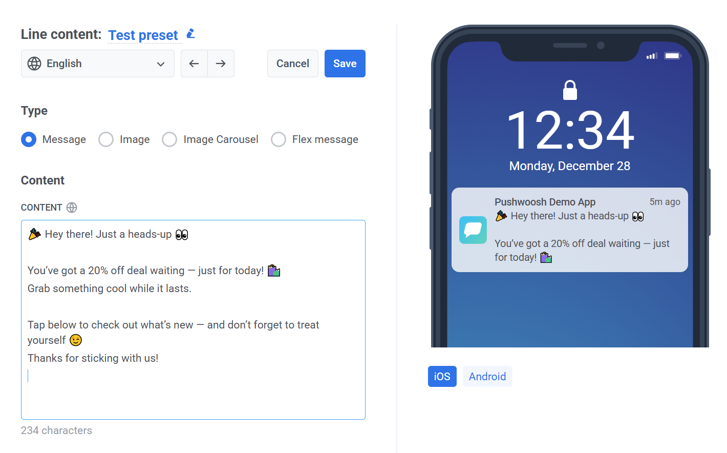 Create text message content 