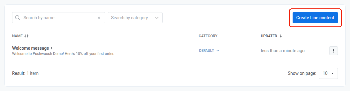 Messenger presets page with the LINE tab selected and the Create Line content button highlighted
