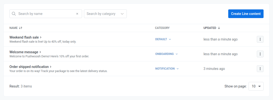 LINE presets management interface showing list of created LINE content