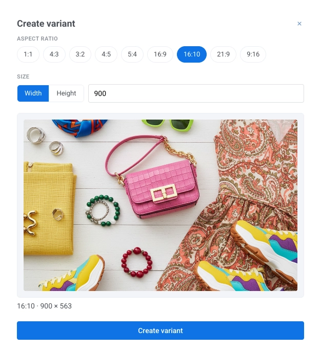 Create variant panel with aspect ratio options, width and height size controls, JPEG quality, and preview