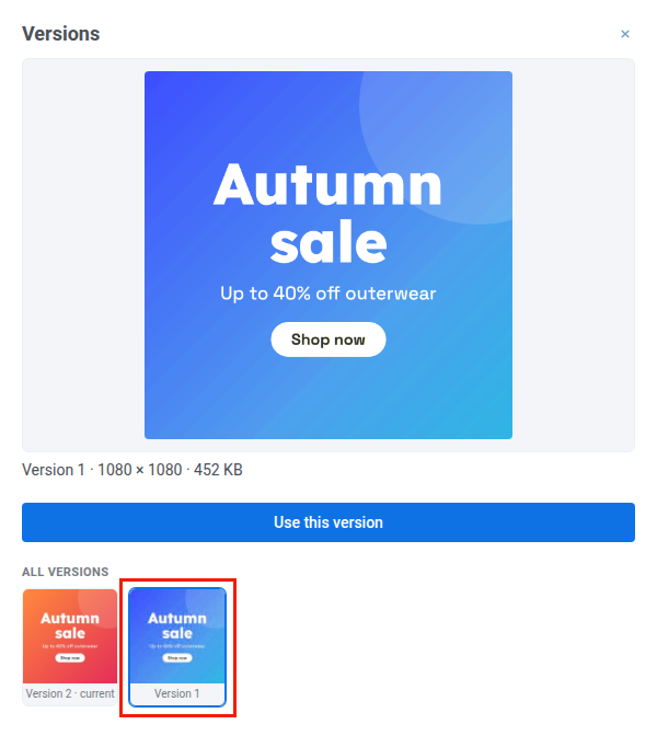Panel 'Versionen' mit Version 1 eines Herbstsale-Banners, ausgewählt unter 'Alle Versionen', mit Größe 1080 × 1080 und 452 KB sowie der Schaltfläche 'Diese Version verwenden'