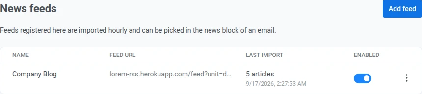 News feeds page with a registered feed showing its URL, last import count and time, and an Enabled toggle