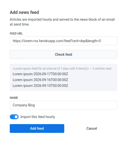 Add news feed dialog with a checked feed showing article count, a preview of article titles, and the Name field filled in