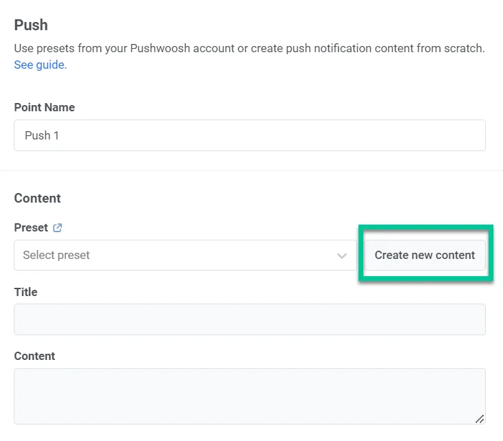 واجهة إنشاء محتوى الإشعارات تظهر خيار إنشاء محتوى جديد