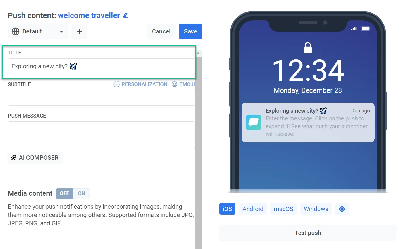 حقل إدخال عنوان الإشعار مع خيارات التخصيص والرموز التعبيرية
