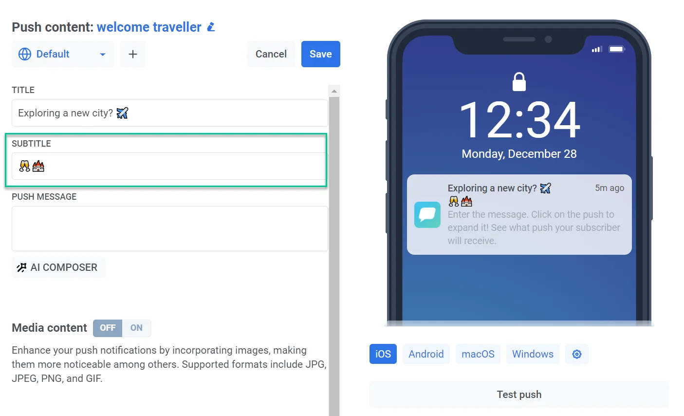 حقل إدخال العنوان الفرعي للإشعار لأجهزة iOS