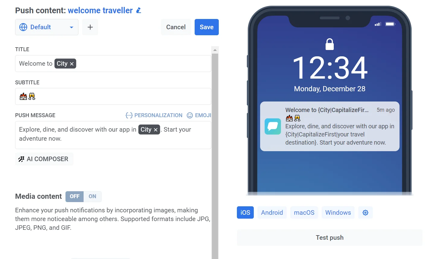 مثال على إشعار مخصص يظهر استبدال اسم المدينة