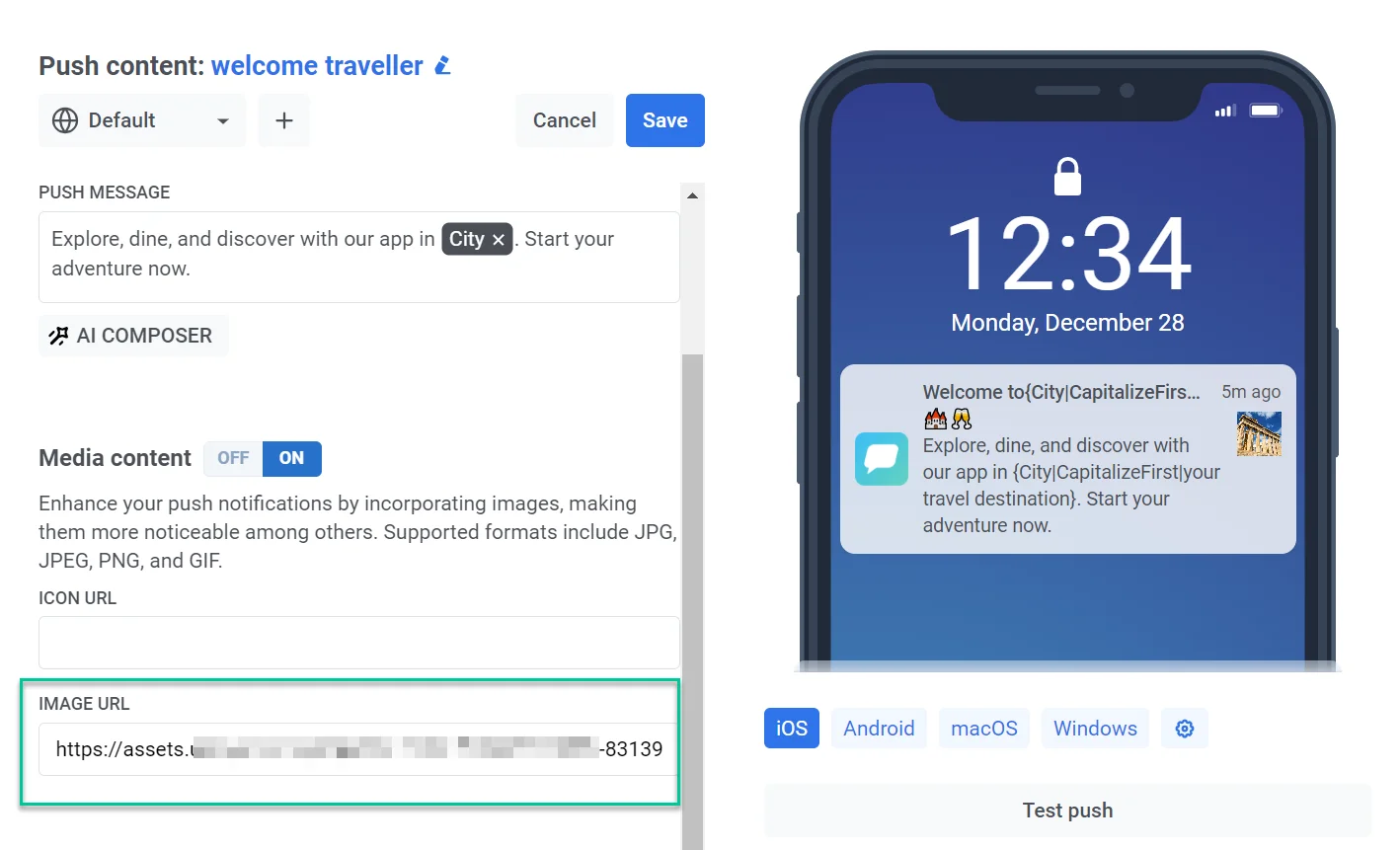 مفتاح تبديل محتوى الوسائط وإدخال عنوان URL لصور الإشعارات