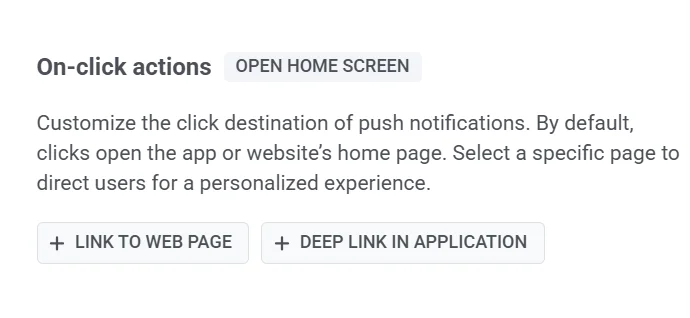 تكوين إجراءات عند النقر يظهر خيارات الرابط العميق وصفحة الويب