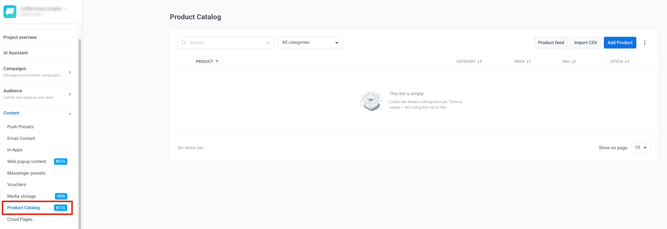Product catalog page with search, category filter, and Product feed, Import CSV, and Add Product buttons in the top bar