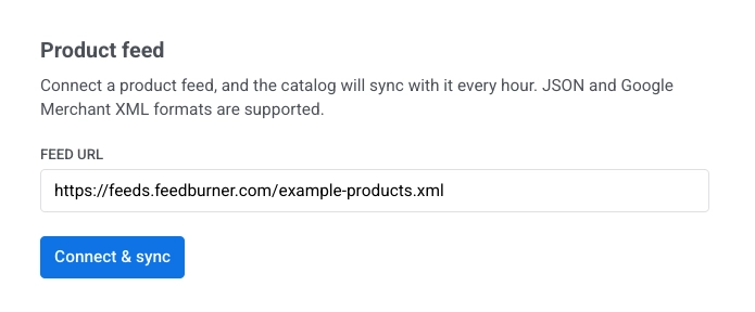Product feed panel with Feed URL field and Connect and sync button