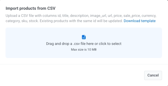 Import CSV dialog in Product catalog with template download and file upload