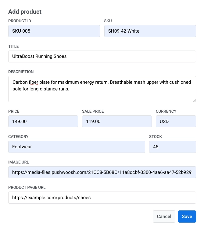 Add product form with Product ID, SKU, Title, Description, Price, Sale price, Currency, Category, Stock, Image URL, and Product page URL fields
