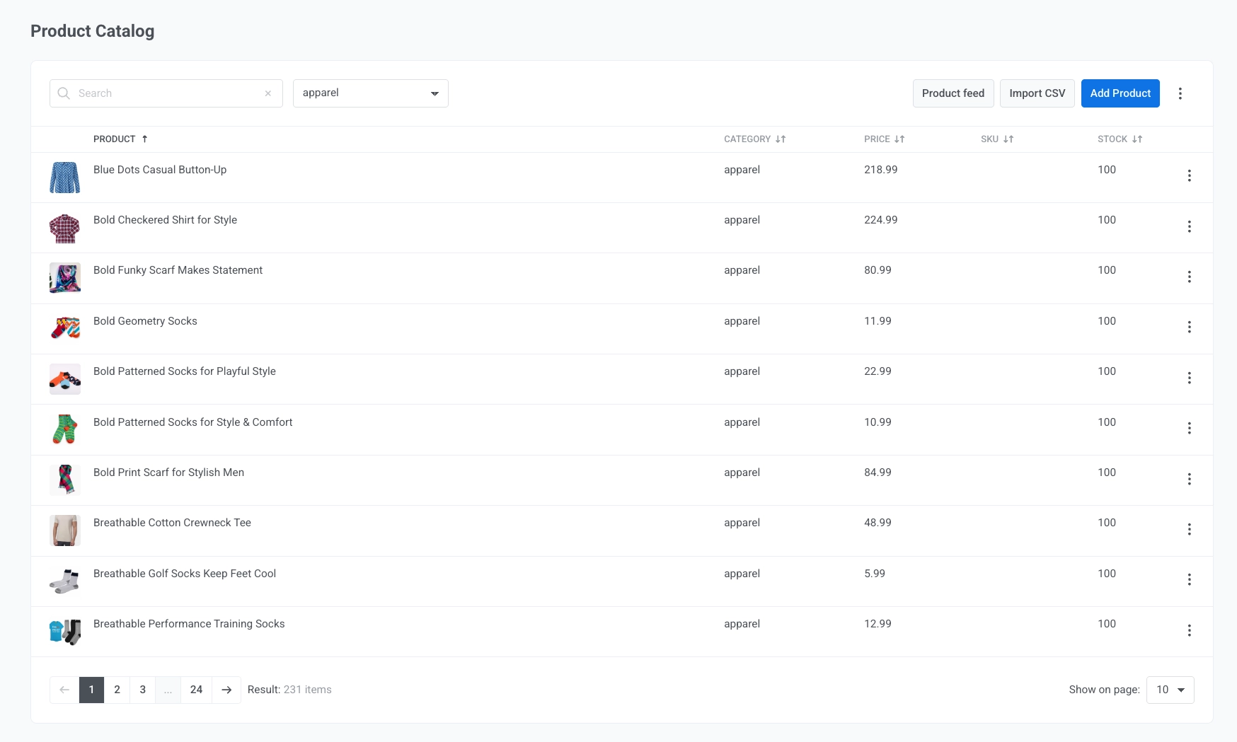 Product catalog list with search, category filter, product rows, and an open row menu with Edit and Delete actions