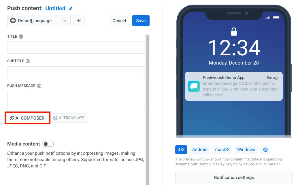 Schaltfläche des AI-Composers im Editor für Push-Voreinstellungen