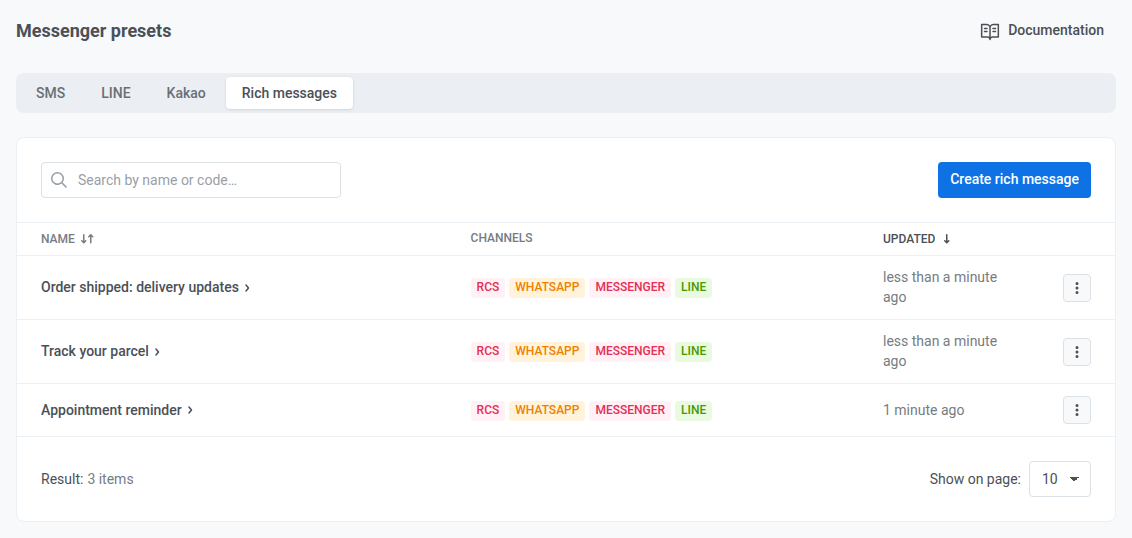 Rich messages tab with three messages and a compatibility badge for RCS, WhatsApp, Messenger, and LINE on each