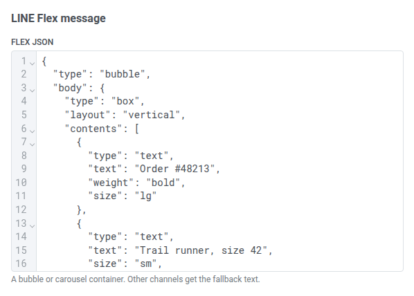 Custom LINE Flex rich message with a Flex container pasted into the Flex JSON field