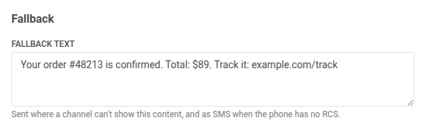 Bottom of the rich message form with the Fallback text field filled in