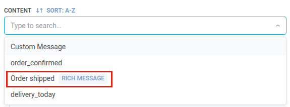 Content dropdown of the WhatsApp journey element with a rich message marked with the Rich message badge