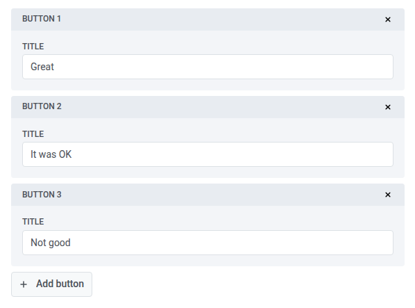 Three quick reply buttons, each with a title, and the Add button control