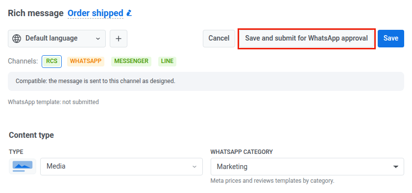 Rich message editor with the WhatsApp category field next to Type and the Save and submit for WhatsApp approval button