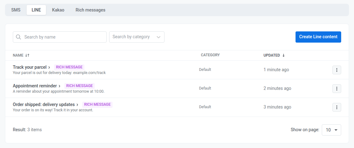 LINE tab of Messenger presets with three presets marked with the Rich message badge