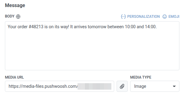 Media rich message with the Media URL field and its attachment icon, the Media type dropdown, and an image selected