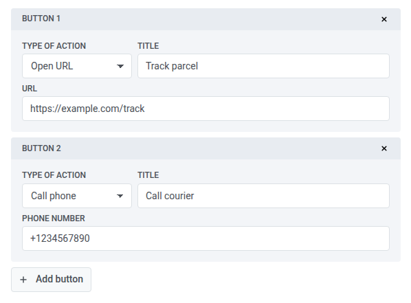 Call to action rich message with two buttons: the Type of action, Title, and URL or Phone number fields filled in