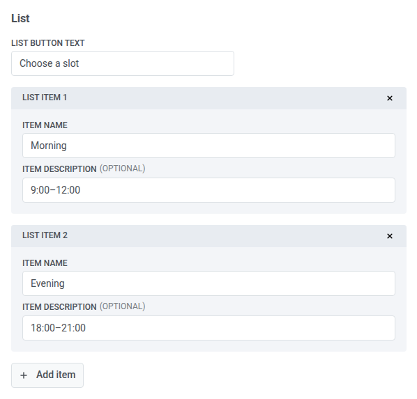 List picker rich message with the list button text and two list items, each with a name and a description