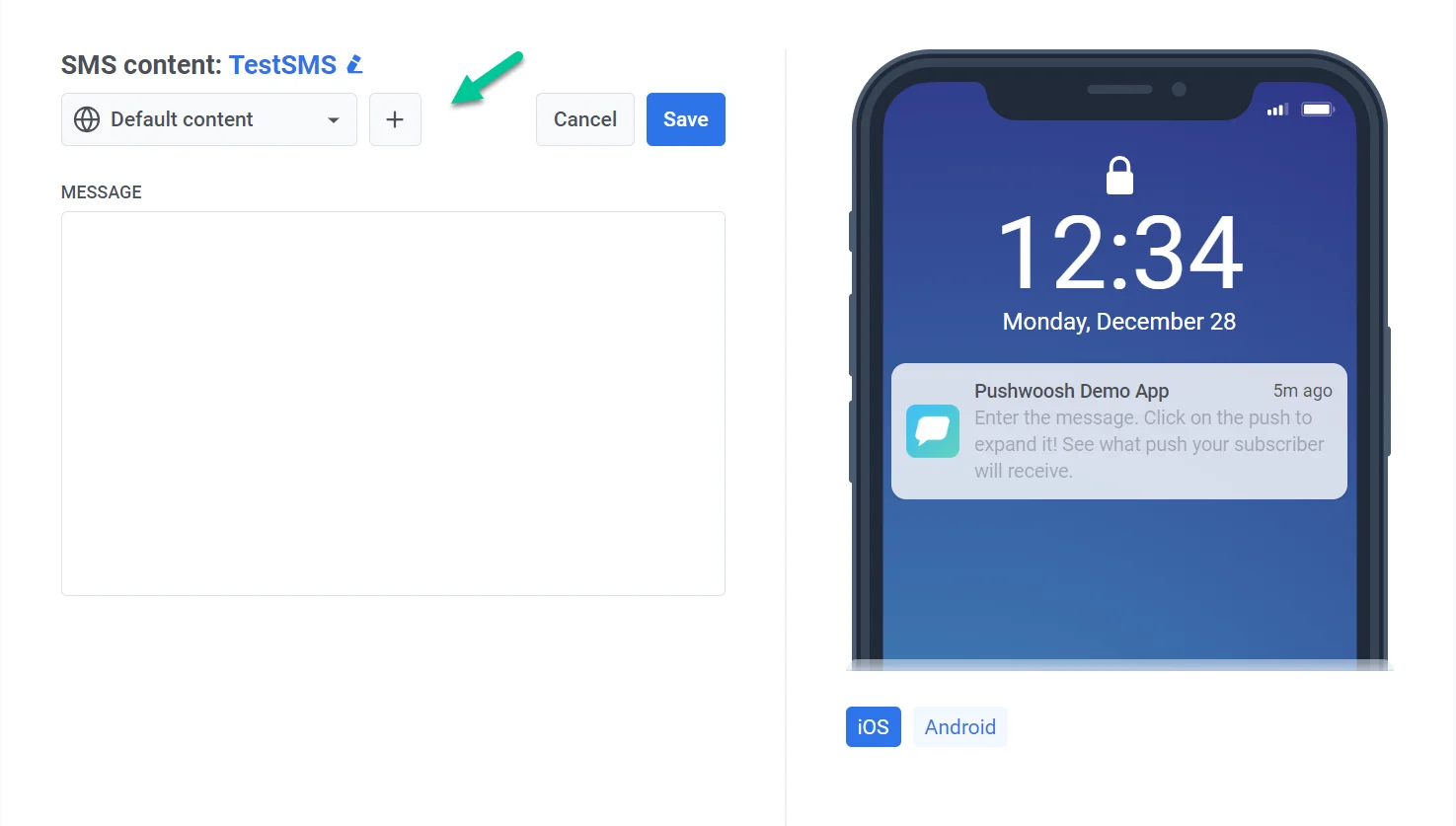 SMS 콘텐츠에 여러 언어를 추가하기 위한 언어 선택 드롭다운