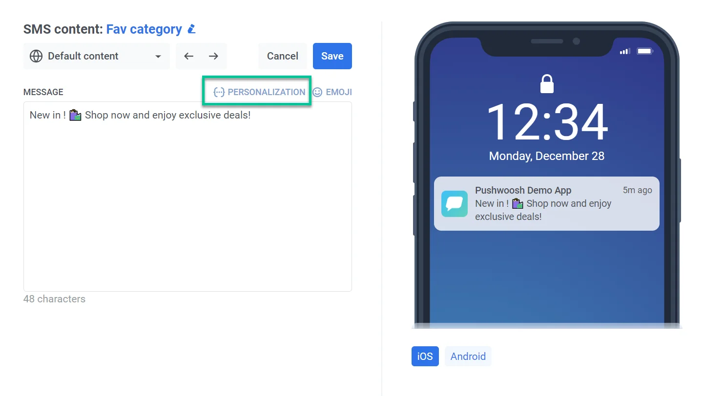 태그 선택 및 형식 수정자를 보여주는 SMS 개인화 인터페이스