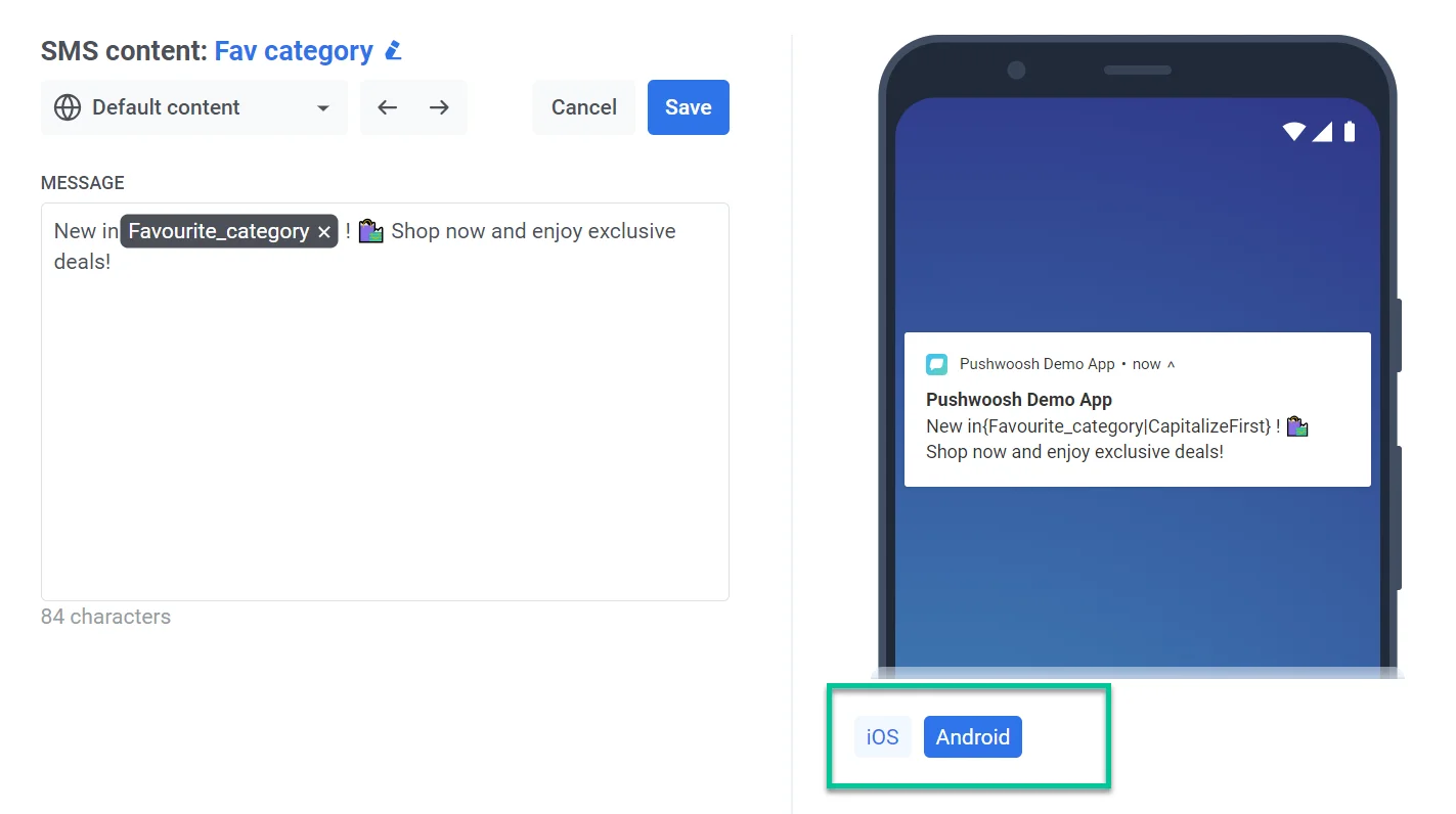 기기 미리보기 옵션을 보여주는 SMS 콘텐츠 미리보기 인터페이스