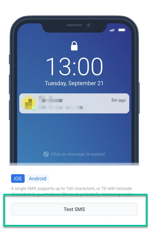 테스트 기기로 SMS를 보내기 위한 테스트 SMS 버튼