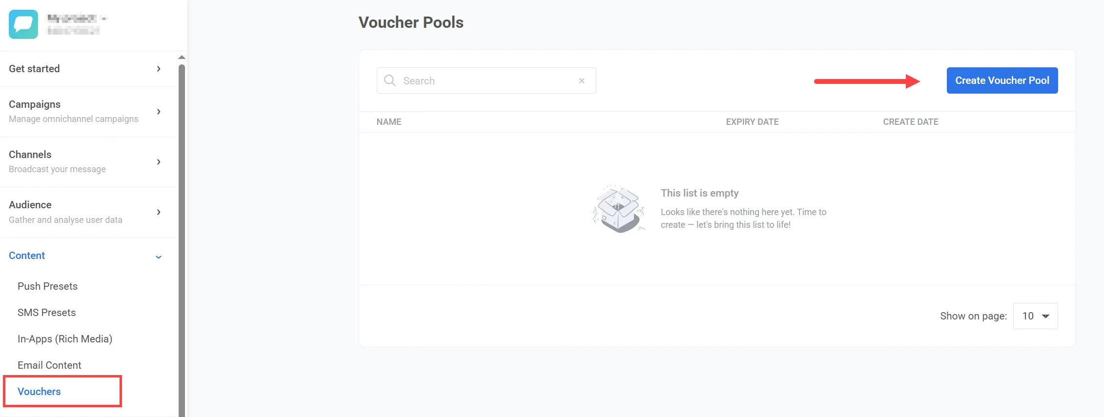 创建优惠券池界面,显示 Pushwoosh 仪表板中的新优惠券池创建表单