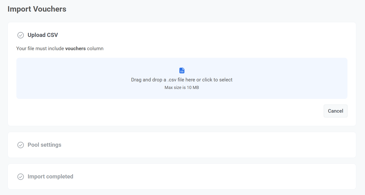Upload a .csv file with vouchers