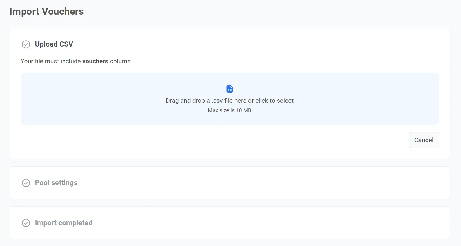 用于上传优惠券代码的 CSV 文件界面,包含文件要求和格式规范