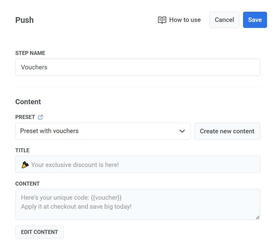 Customer Journey 推送元素配置,显示用于个性化营销活动的优惠券集成选项