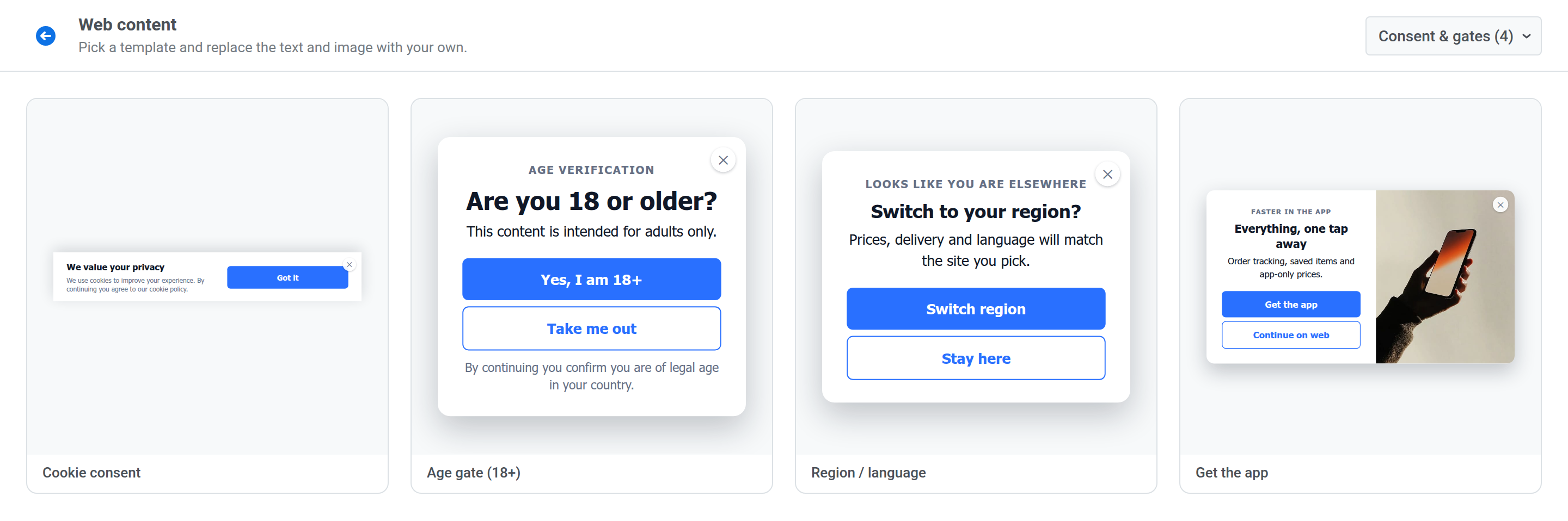 동의 및 게이트로 필터링된 웹 콘텐츠 갤러리. Cookie consent, Age gate, Region and language, Get the app을 보여줍니다