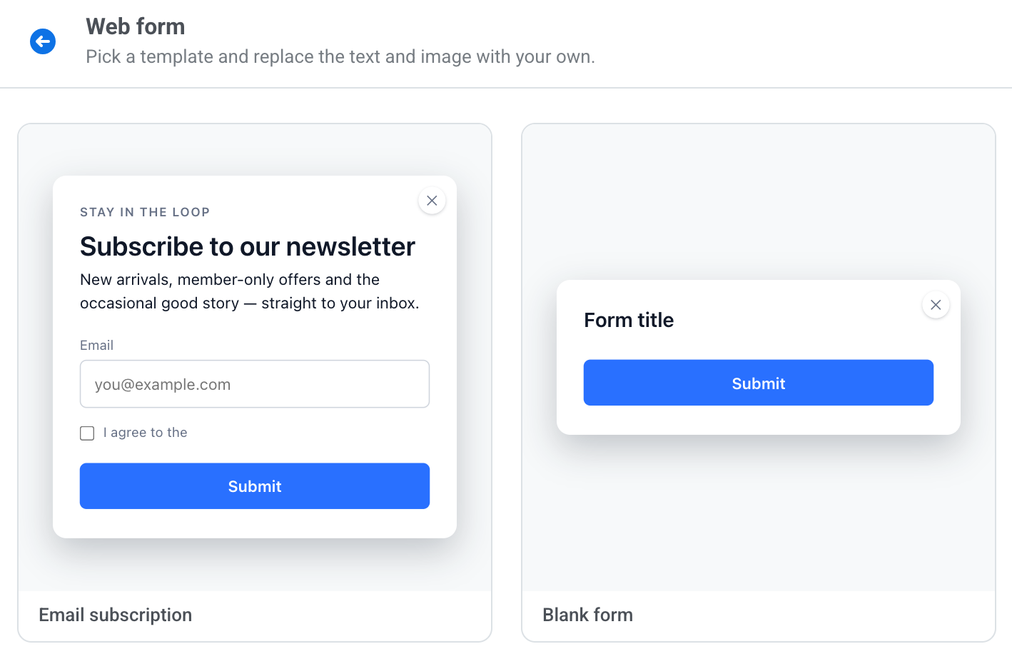 Web form template gallery with the Email subscription and Blank form templates