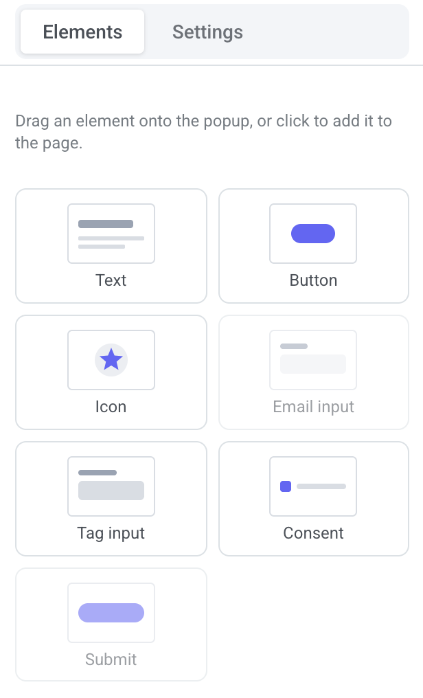 Elements tab of a web form with Text, Button, Icon, Tag input, and Consent tiles, and the Email input and Submit tiles unavailable