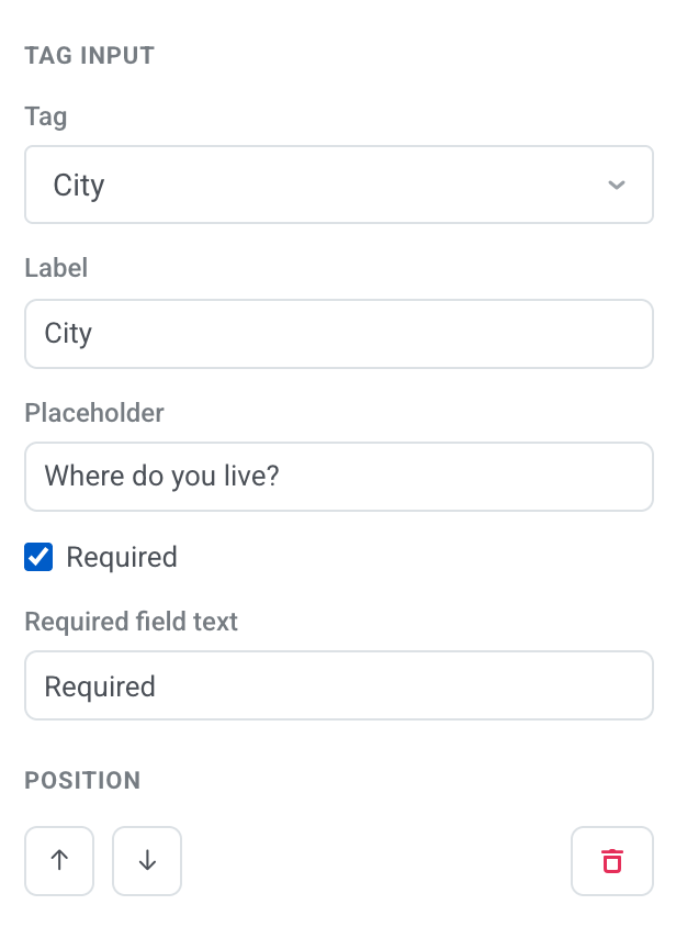 标签输入设置，已选择 City 标签，标签为 City，占位符为 Where do you live?，并已选择 Required