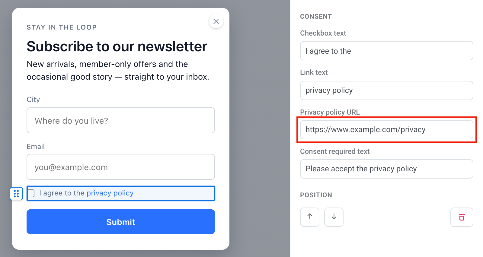 画布上的网页表单，包含 City、Email、同意复选框和 Submit，以及带有隐私政策 URL 的 Consent 设置