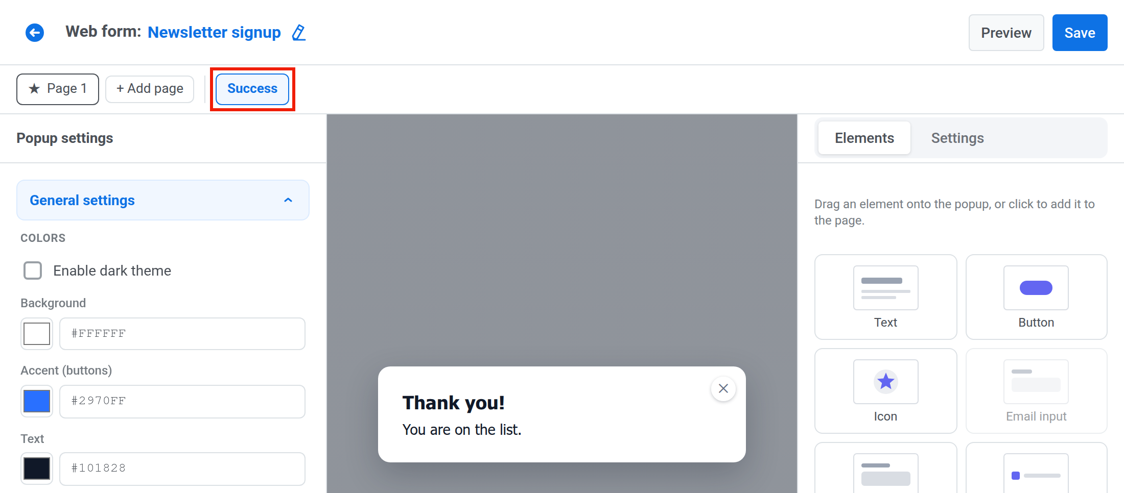 Web form editor with the Success tab selected, a Thank you! message on the canvas, and the Elements tab on the right