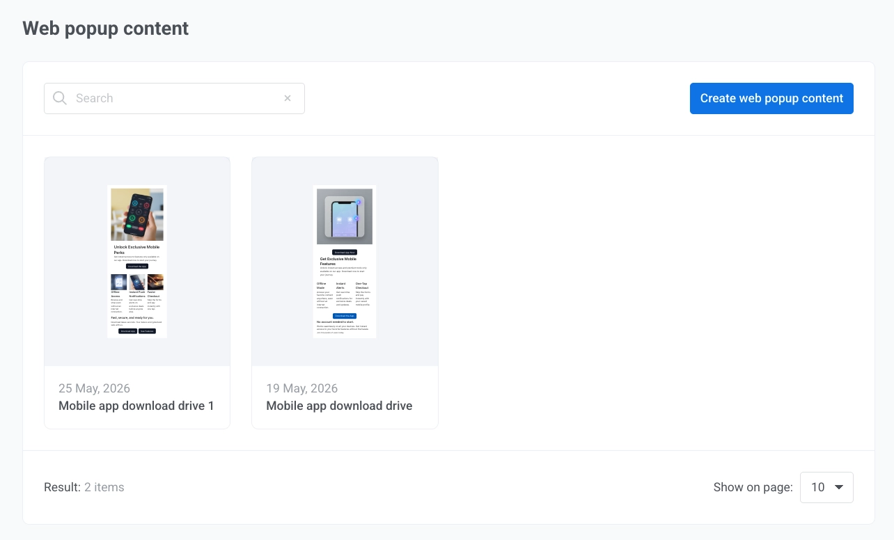 Web popup content list with Search, Create web popup content, content cards, and Show on page controls