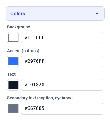 ส่วน Colors ที่ขยายออก แสดงตัวเลือกสีสำหรับ Background, Accent, Text, Secondary text และ Text over image