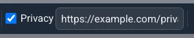 Case à cocher Confidentialité activée dans la barre d'outils FORMULAIRE avec un champ pour l'URL de la politique de confidentialité