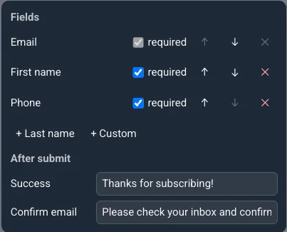 Fenêtre contextuelle des champs avec les champs E-mail, Prénom et Téléphone, les boutons pour ajouter Nom et Personnalisé, et les textes de Succès et de Confirmation d'e-mail après soumission