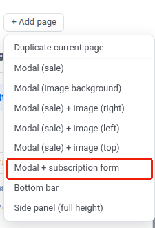 Menü „Seite hinzufügen“ geöffnet mit Karten für leere Layouts, einschließlich „Modal + Abonnementformular“