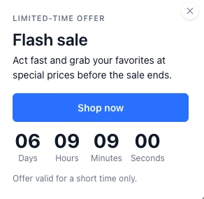 Flash sale Web popup with a Countdown block showing days, hours, minutes, and seconds under a Shop now button