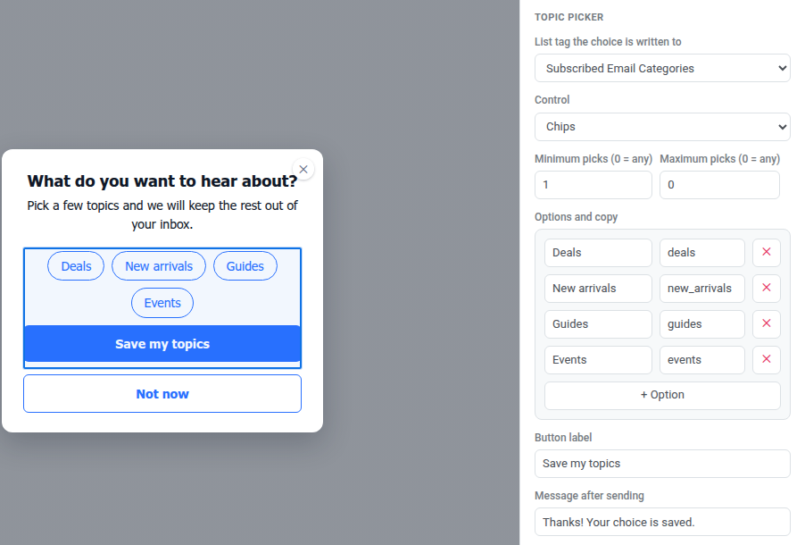 Topic picker block on the Web popup canvas with interest options as chips or checkboxes and Settings open on the right